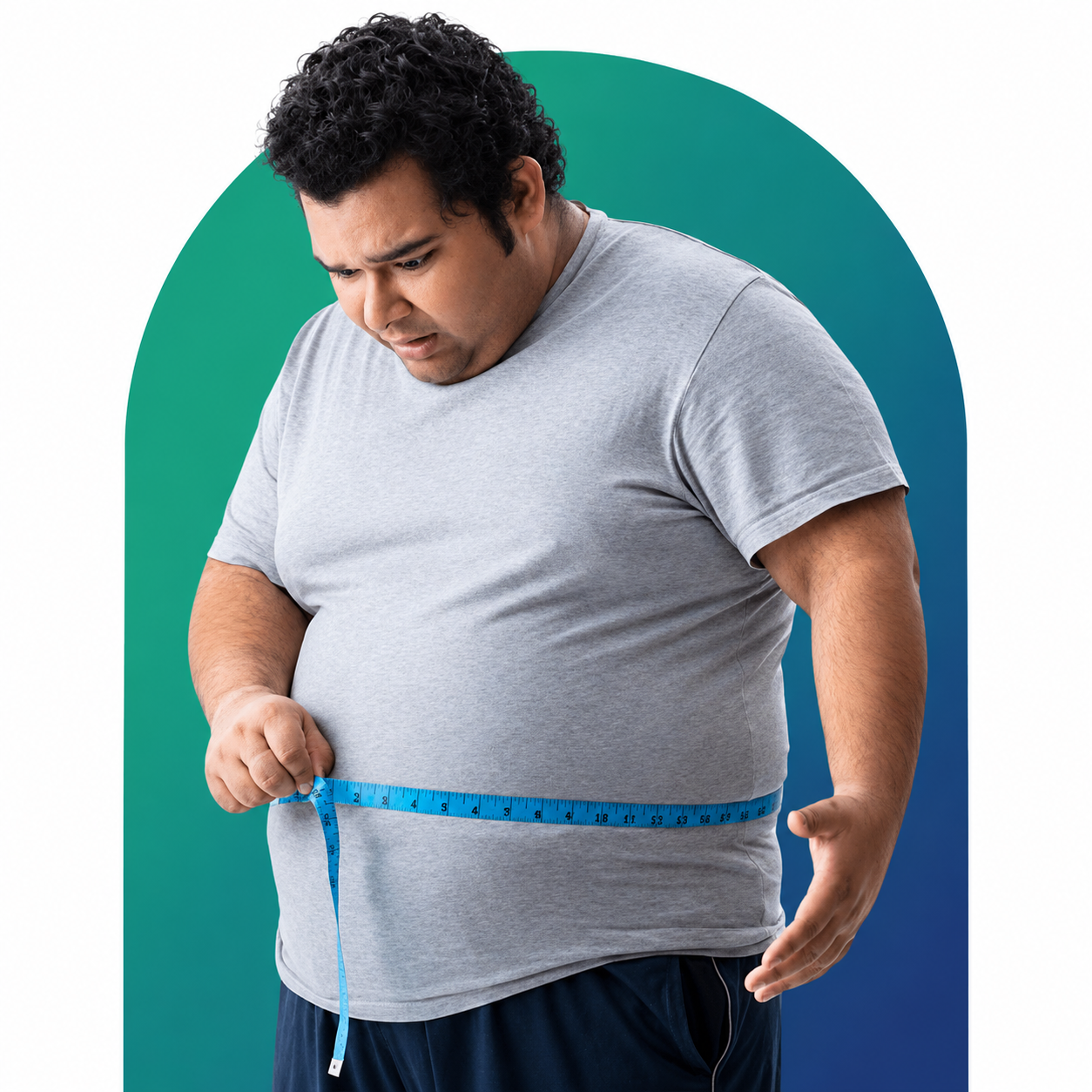 Overweight man measuring belly